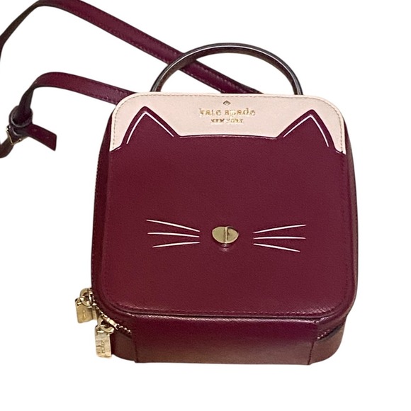 Kate Spade New York Meow Cat Daisy Crossbody Bag Burgundy Saffiano Leather - Picture 12 of 16